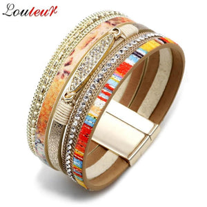Louleur Crystal Multilayer Bracelets for Women Tone Magnet Bohemian Leather