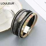 Louleur Crystal Multilayer Bracelets for Women Tone Magnet Bohemian Leather