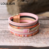 Louleur Crystal Multilayer Bracelets for Women Tone Magnet Bohemian Leather