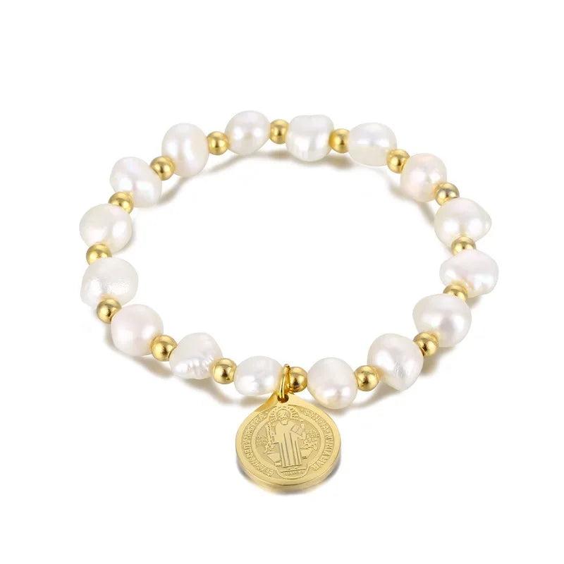 Freshwater Pearl Bracelet Saint Benedict Coin Titanium Steel Religious