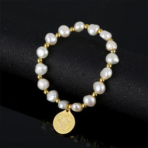Freshwater Pearl Bracelet Saint Benedict Coin Titanium Steel Religious