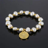 Freshwater Pearl Bracelet Saint Benedict Coin Titanium Steel Religious