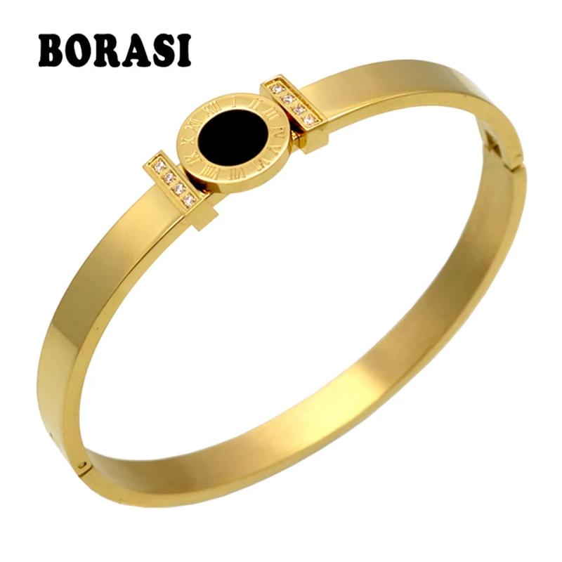 CZ Inlay Crystal Bracelet Stainless Steel Roman Bangles