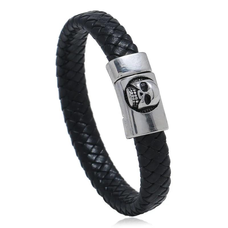 Men's Stainless Steel Leather Weave Bracelet with Skull Hasp