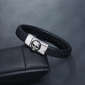 Men's Stainless Steel Leather Weave Bracelet with Skull Hasp
