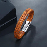 Men's Stainless Steel Leather Weave Bracelet with Skull Hasp