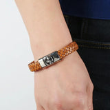 Men's Stainless Steel Leather Weave Bracelet with Skull Hasp