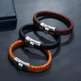 Men's Stainless Steel Leather Weave Bracelet with Skull Hasp