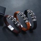 Men's Stainless Steel Leather Weave Bracelet with Skull Hasp