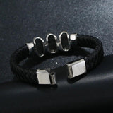 Men's Stainless Steel Leather Weave Bracelet with Skull Hasp