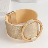 Boho Metal Circle Rhinestones Wide Leather Bracelet