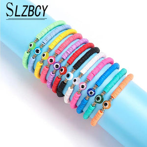 12 Pcs Evil Eye Sliced Clay Bracelets Polymer Elastic Stretch Colorful Bracelets