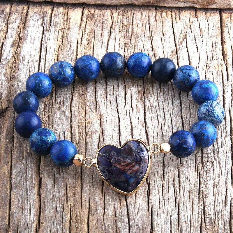 Boho Heart Charm Bracelet Natural Stone Beads Women Bangles