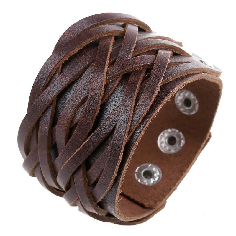 Punk Men's Wide Leather Bracelet Braided Ropes Charm Cuff Jewelry