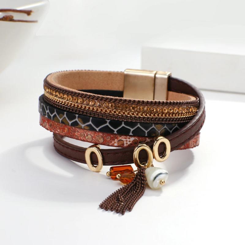 Bohemian Crack Leather Bracelet Crystal Shell Tassel Charm Wrap Jewelry