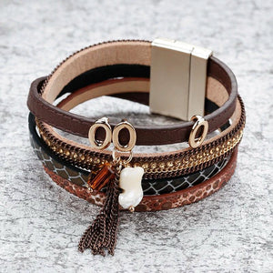 Bohemian Crack Leather Bracelet Crystal Shell Tassel Charm Wrap Jewelry