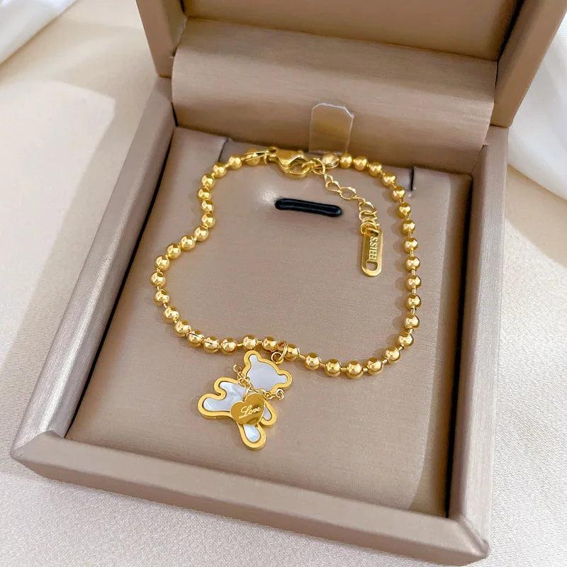 Shell Bear Pendant Bracelet Stainless Steel Beads Chain Girls Jewelry