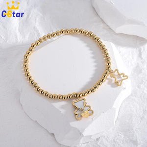 Shell Bear Pendant Bracelet Stainless Steel Beads Chain Girls Jewelry
