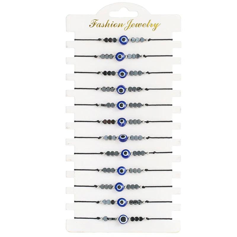 12pcs Hematite Bead Eye Charm Bracelets Set Rope Chain Bracelet Je