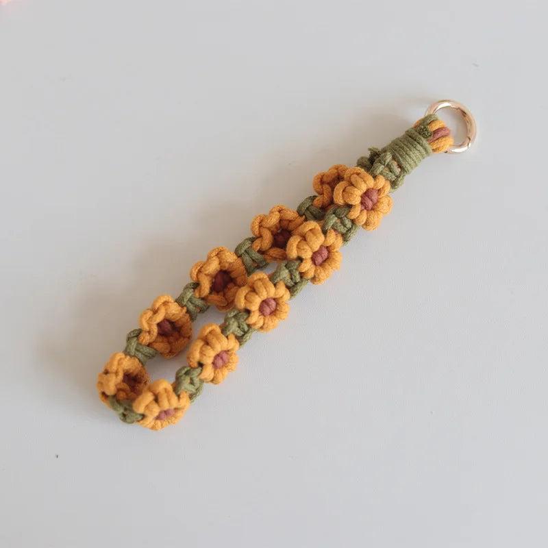 Daisy Flower Macrame Wristlet Keychain Boho Bohemian Key Fob Strap