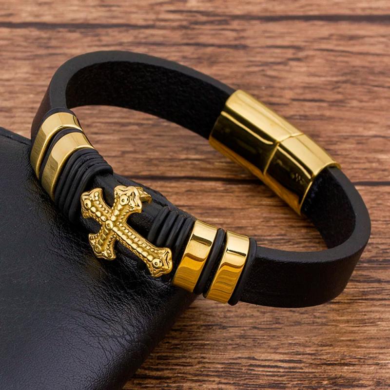 Charm Braided Rope Leather Cross Bracelet Men Bangles