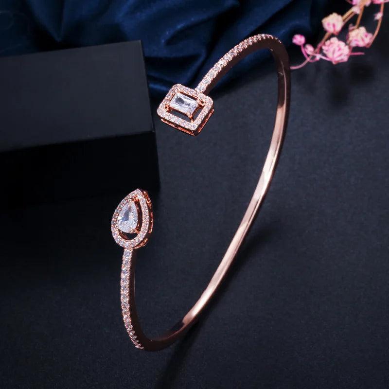 ThreeGraces Summer Square CZ Stone Silver Cuff Bangle BA008