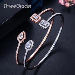 ThreeGraces Summer Square CZ Stone Silver Cuff Bangle BA008