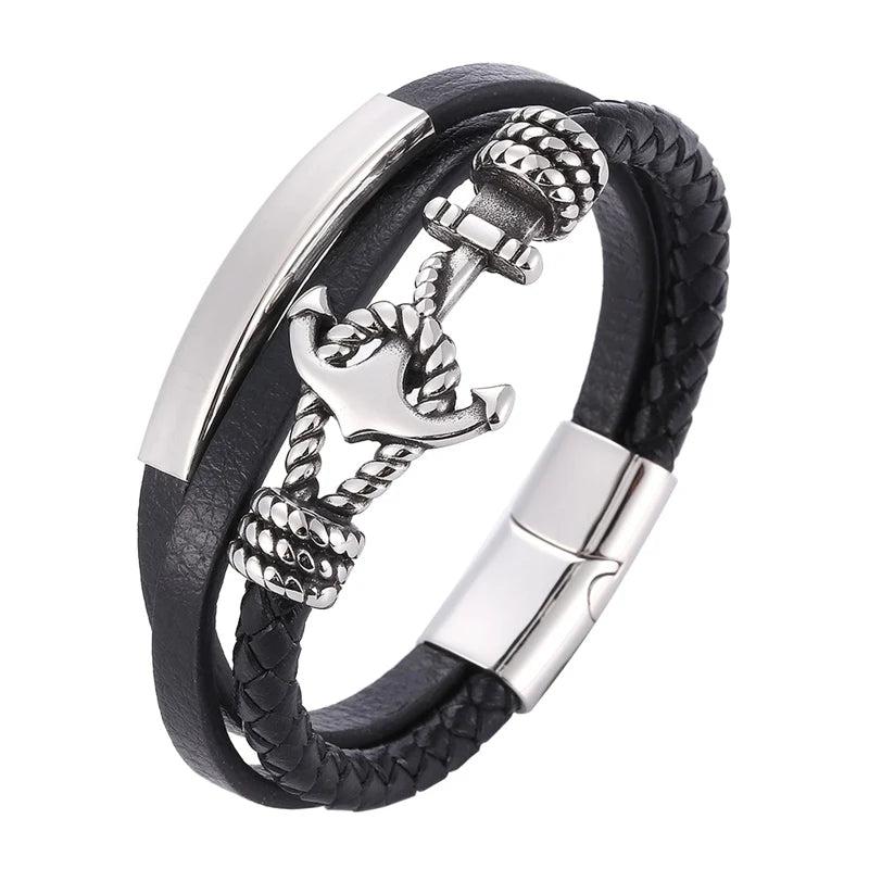 FORTAFY Leather Bracelet Men Anchor Clasp Braided Bangles FR1087