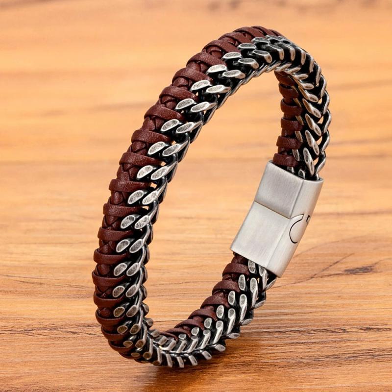Stainless Steel Double Chain Braid Leather Mens Bracelet