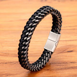 Stainless Steel Double Chain Braid Leather Mens Bracelet