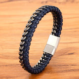 Stainless Steel Double Chain Braid Leather Mens Bracelet