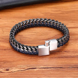 Stainless Steel Double Chain Braid Leather Mens Bracelet