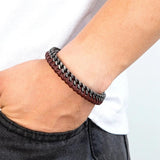 Stainless Steel Double Chain Braid Leather Mens Bracelet