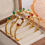 Minar Red Green Stone Pearl Bangles 18K PVD Plated Stainless Steel Cuff