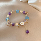 Vintage Purple Crystal Bracelet Resin Flowers Beads Elastic Cha