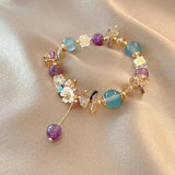 Vintage Purple Crystal Bracelet Resin Flowers Beads Elastic Cha