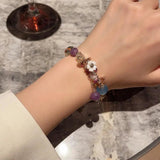 Vintage Purple Crystal Bracelet Resin Flowers Beads Elastic Cha
