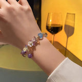 Vintage Purple Crystal Bracelet Resin Flowers Beads Elastic Cha