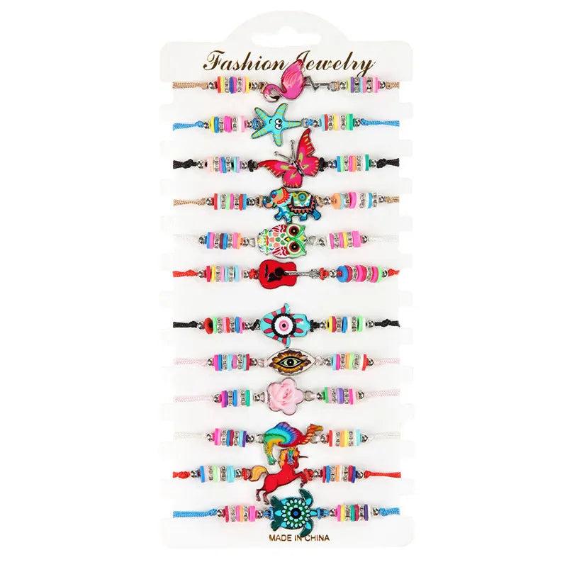 12pcs Women Clay Bead Enamel Charms Bracelets Set Turtle Skull Animal Jewelry