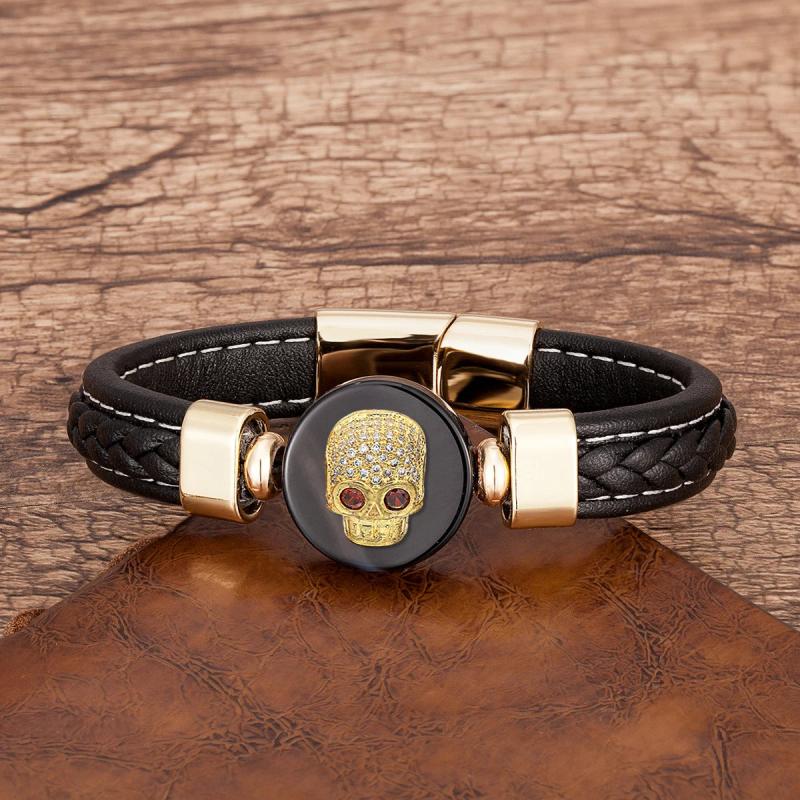 Skull Natural Stone Bracelet Men Punk Style Leather Bangle