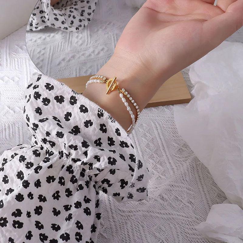 Real Pearl Beaded Bracelets with Rhinestone Chain Jewelry