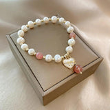 French Pearl Beaded Bracelet with Heart Bowknot Charm