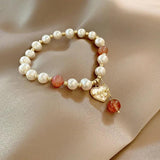French Pearl Beaded Bracelet with Heart Bowknot Charm