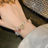 French Pearl Beaded Bracelet with Heart Bowknot Charm