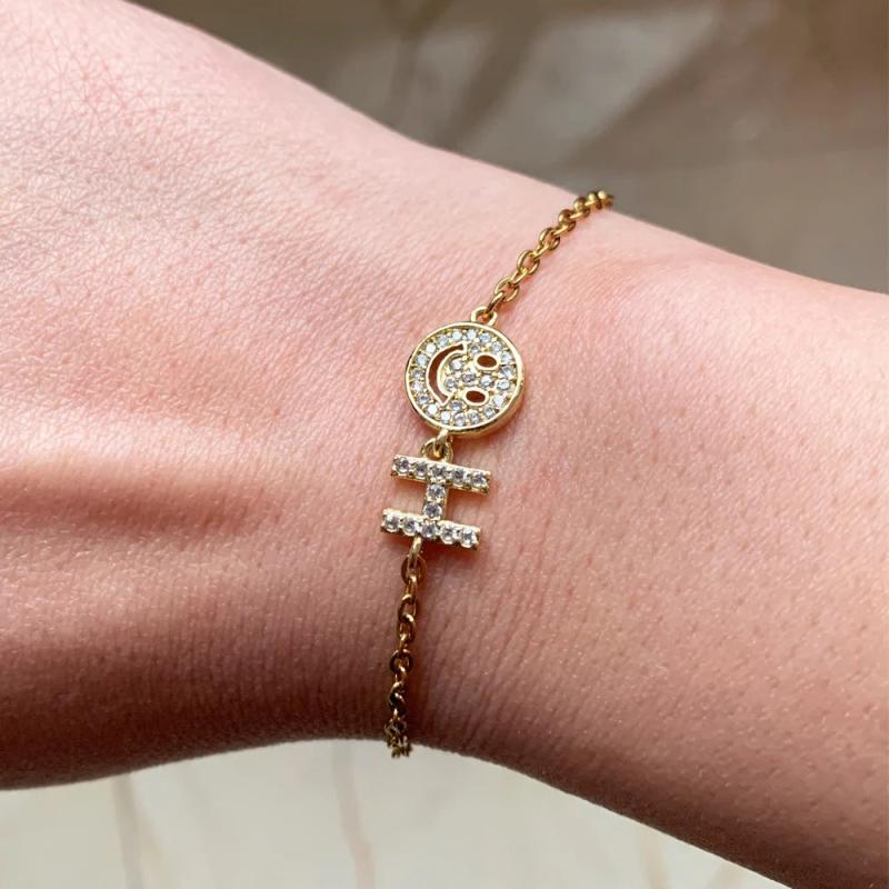 Zircon Smile Face Letter Bracelet CZ Charm Steel Link Chain Arm Cuff