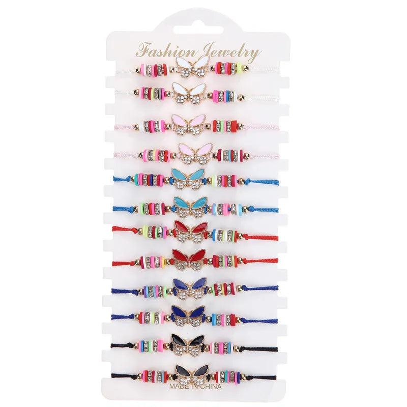 12Pcs Rhinestone Butterfly Charms Braided Bracelet Set For Women Child
