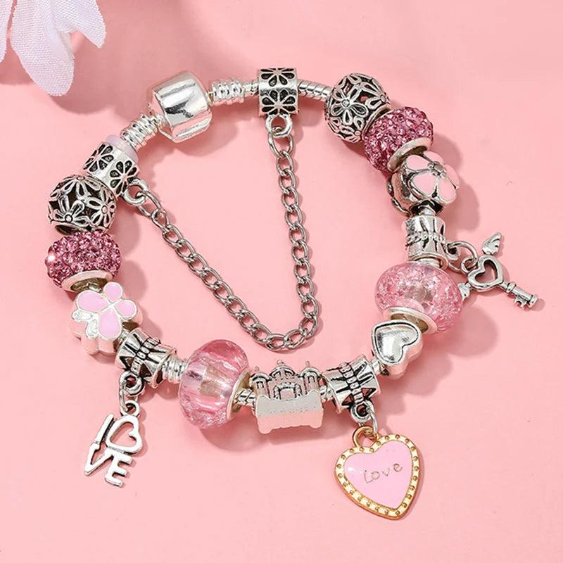 Pink Love Charm Silver Bracelet Women DIY Crystal Beads Pulseira Jewelry
