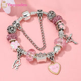 Pink Love Charm Silver Bracelet Women DIY Crystal Beads Pulseira Jewelry