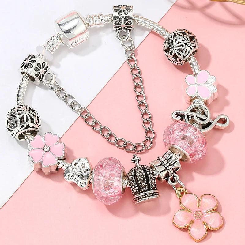 Vintage Silver Charms Bracelet with Pink Floral Charm Crystal Beads for Women
