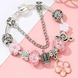 Vintage Silver Charms Bracelet with Pink Floral Charm Crystal Beads for Women
